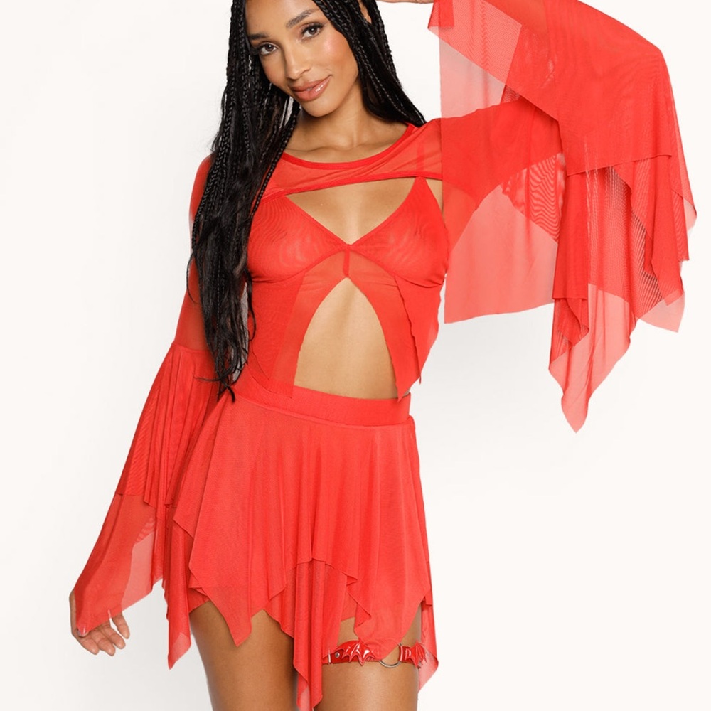 Three piece red costume or rave set with garter.